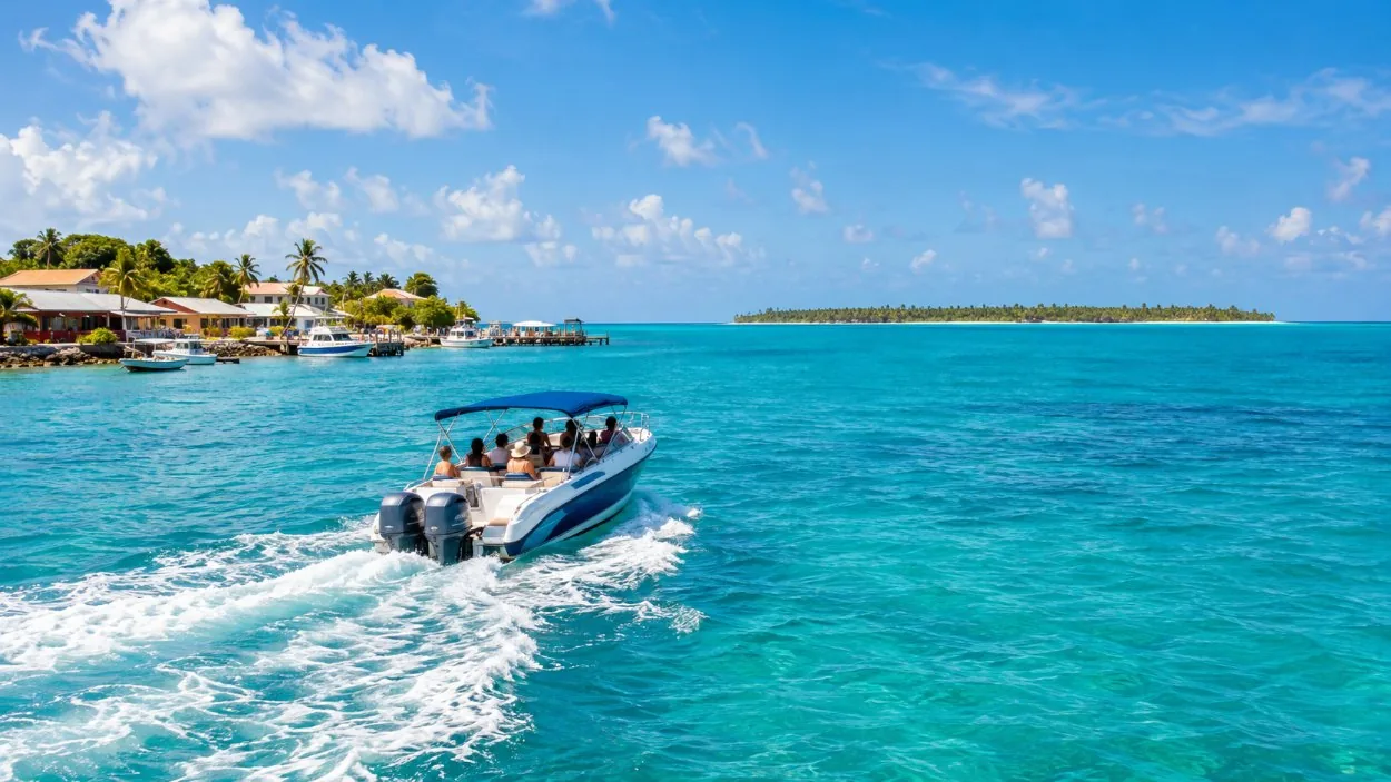 Ein Speedboot überquert das türkisfarbene Meer vom Festland zu einer langen, flachen, palmengesäumten Insel